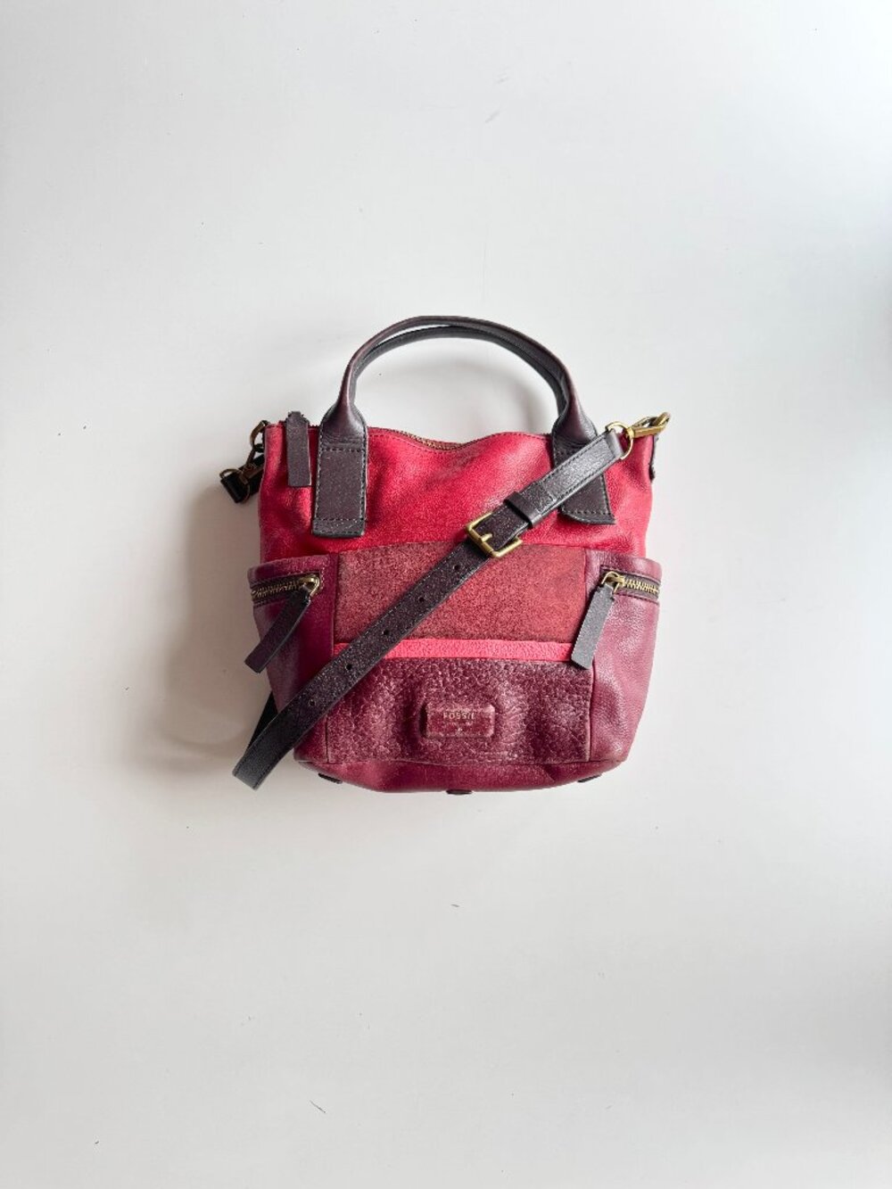 FOSSIL Emerson Red Maroon Colorblock Leather Suede Crossbody Purse Mini Tote Bag